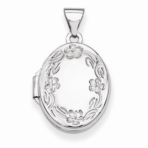 14k White Gold 17mm Oval Leaf Floral Hand Engraved Locket