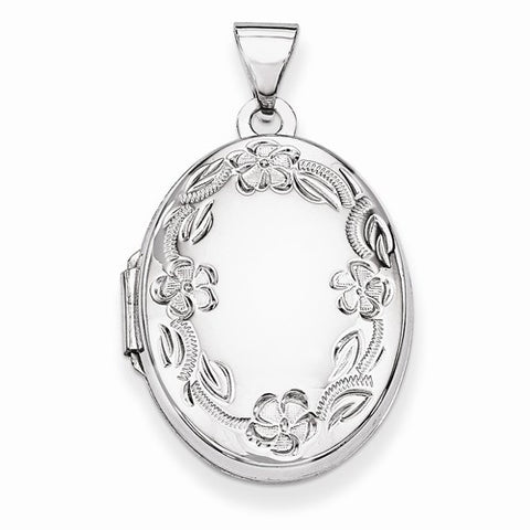 14k White Gold 21mm Oval Leaf Floral Scroll Border H/Eng Locket