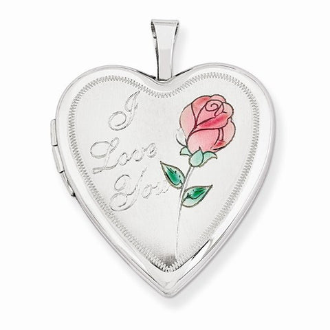 14k Gold 20mm White Gold Enamel Rose I Love You Heart Locket