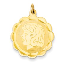 14k Gold Girl Head on .018 Gauge Engravable Scalloped Disc Charm hide-image