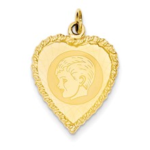 14k Gold Boy Head on .011 Gauge Engravable Pattern Heart with Rope Charm hide-image