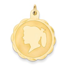 14k Gold Girl Head on .018 Gauge Engravable Scalloped Disc Charm hide-image