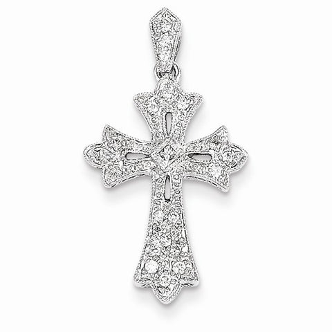 14k White Gold Fleur De Lis Diamond Cross Pendant, Quality AA (G-H Color, SI1-SI2 Clarity)