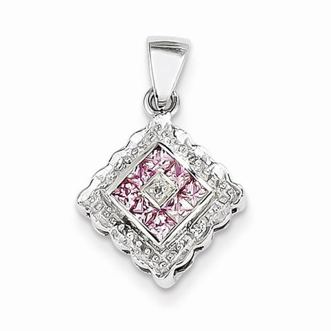 14k White Gold Diamond and Pink Sapphire Pendant, Quality AA (G-H Color, SI1-SI2 Clarity, 0.02 cttw)