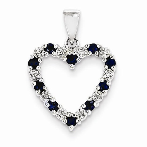 14k White Gold Diamond and Sapphire Heart Pendant, Quality AA (G-H Color, SI1-SI2 Clarity, 0.03 cttw)