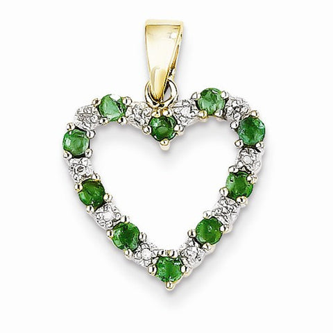 14k Gold Diamond and Emerald Heart Pendant, Quality AA (G-H Color, SI1-SI2 Clarity, 0.03 cttw)