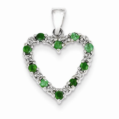 14k White Gold Diamond and Emerald Heart Pendant, Quality AA (G-H Color, SI1-SI2 Clarity, 0.03 cttw)
