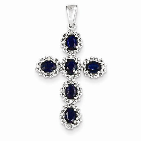 14k White Gold Diamond & Sapphire Cross Pendant, Quality A (G-I Color, SI2 Clarity)