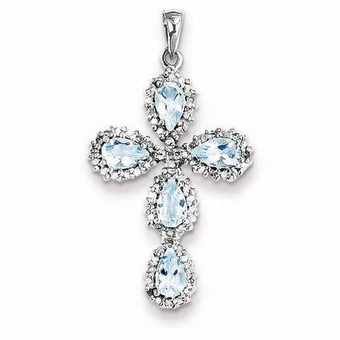 14k White Gold Diamond & Aquamarine Cross Pendant, Quality A (G-I Color, SI2 Clarity)