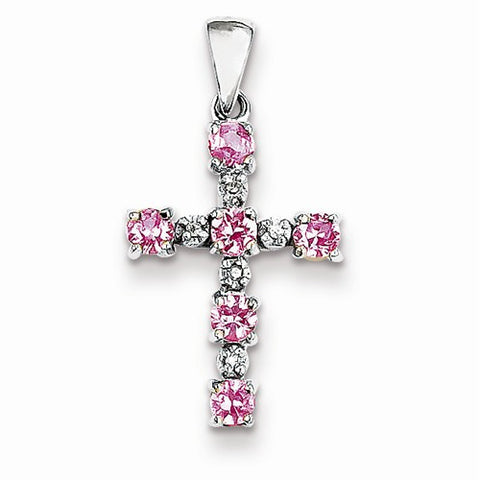 14k White Gold Diamond & Pink Sapphire Cross Pendant, Quality A (G-I Color, SI2 Clarity, 0.02 cttw)