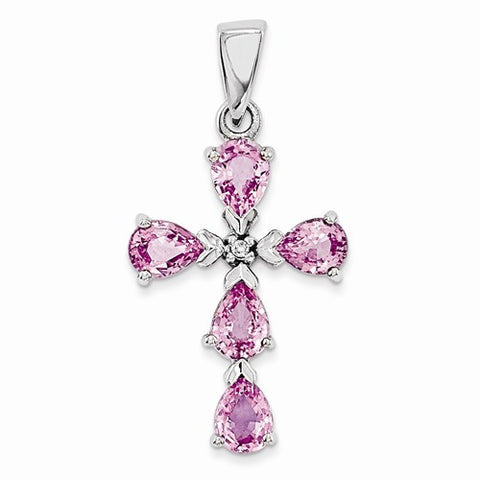 14k White Gold Diamond & Pink Sapphire Cross Pendant, Quality A (G-I Color, SI2 Clarity, cttw)