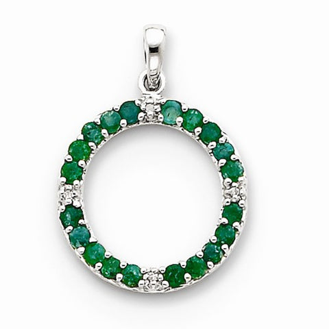 14k White Gold Emerald & Diamond Circle Pendant, Quality A (G-I Color, SI2 Clarity)