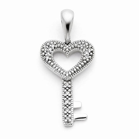 14k White Gold Diamond Heart Key Pendant, Quality AA (G-H Color, SI1-SI2 Clarity, 0.06 cttw)