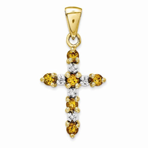 14k Gold Citrine & Diamond Cross Pendant, Quality A (G-I Color, SI2 Clarity)