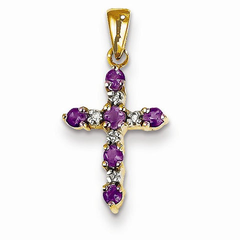 14k Gold Amethyst & Diamond Cross Pendant, Quality A (G-I Color, SI2 Clarity)