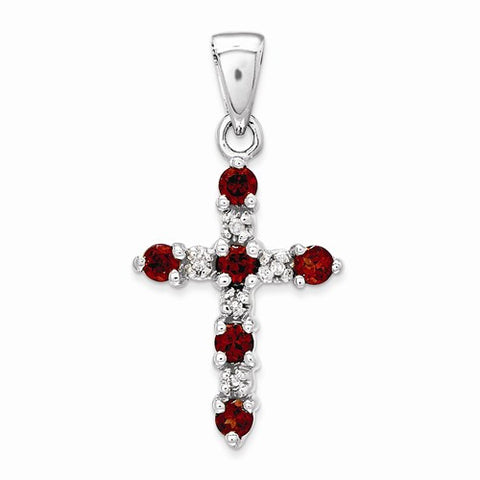 14k White Gold Garnet & Diamond Cross Pendant, Quality A (G-I Color, SI2 Clarity)