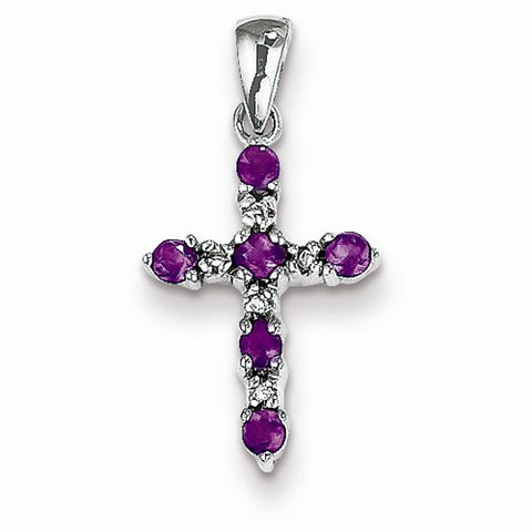 14k White Gold Amethyst & Diamond Cross Pendant, Quality A (G-I Color, SI2 Clarity)