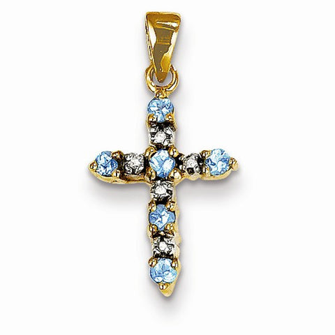 14k Gold Blue Topaz & Diamond Cross Pendant, Quality A (G-I Color, SI2 Clarity)