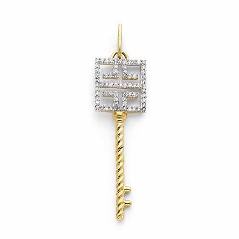 14k Gold Greek Key Diamond Key Pendant, Quality AA (G-H Color, SI1-SI2 Clarity)