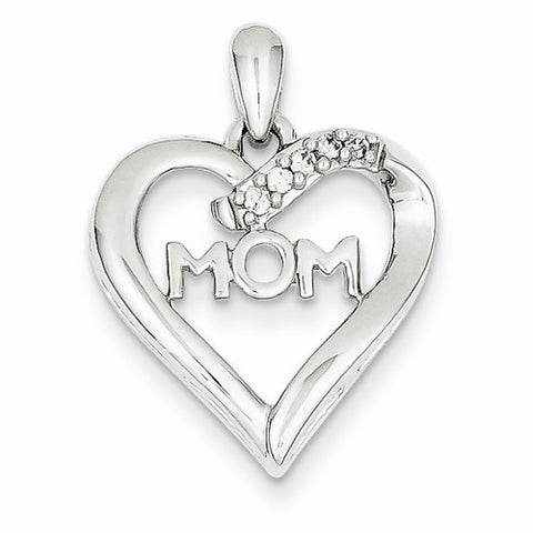 14k White Gold Diamond MOM Heart Pendant, Quality AA (G-H Color, SI1-SI2 Clarity)