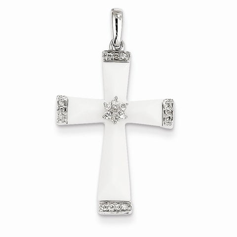 14k White Gold White Agate & Diamond Cross Pendant, Quality AA (G-H Color, SI1-SI2 Clarity)