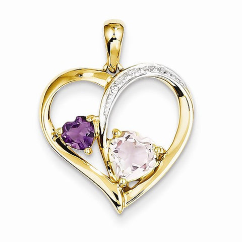 14k Gold Diamond and Pink Amethyst and Amethyst Heart pendant, Pendants for Necklace