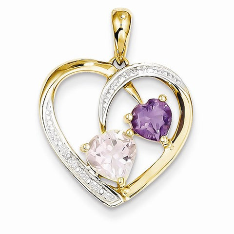 14k Gold Diamond and Pink Amethyst and Amethyst Heart pendant, Pretty Pendants for Necklace