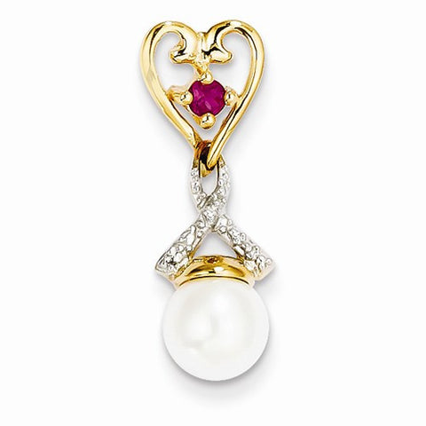 14k Gold Diamond FW Cultured Pearl Created African Ruby Pendant, Pendants for Necklace