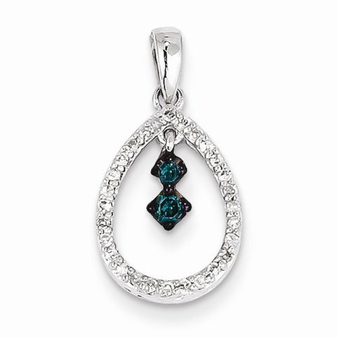 14k White Gold White & Blue Diamond Teardrop Pendant, Quality AA (G-H Color, SI1-SI2 Clarity)