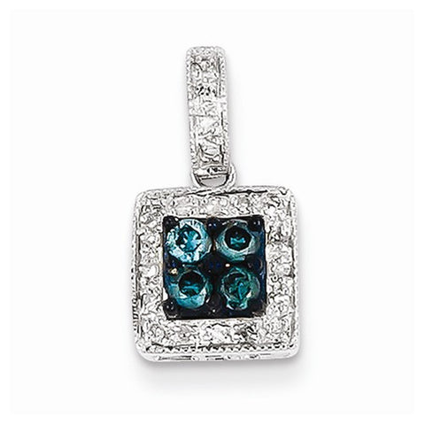 14k White Gold White & Blue Diamond Square Pendant, Quality AA (G-H Color, SI1-SI2 Clarity)