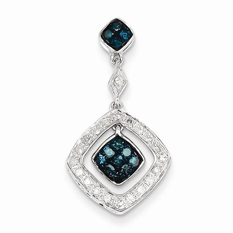 14k White Gold White & Blue Diamond Dangle Pendant, Quality AA (G-H Color, SI1-SI2 Clarity)