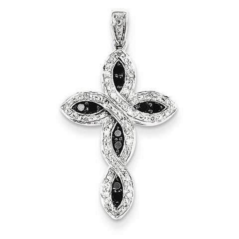 14k White Gold White & black-diamond Cross Pendant, Quality AA (G-H Color, SI1-SI2 Clarity, 0.2 cttw)