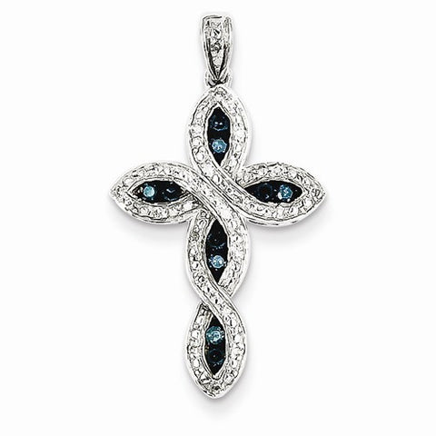 14k White Gold White & Blue Diamond Cross Pendant, Quality AA (G-H Color, SI1-SI2 Clarity, 0.2 cttw)