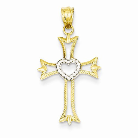 14k Yellow Gold Rhodium Plated Diamond Cut Cross with Heart Pendant, Pendants for Necklace