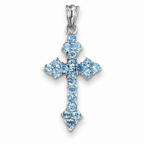 14k White Gold Blue Topaz Budded Cross Pendant, Pendants for Necklace