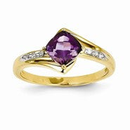 14k Yellow Gold Rhodium Diamond and Amethyst Square Ring