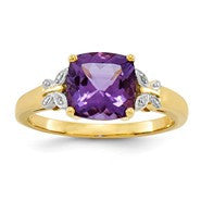 14k Yellow Gold Diamond and Amethyst Square Ring