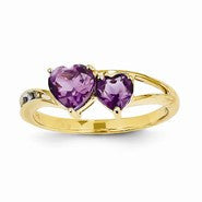 14k Yellow Gold Diamond and Amethyst Double Heart Ring