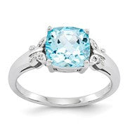 14k White Gold Diamond and Blue Topaz Square Ring