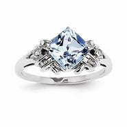 14k White Gold Diamond and Blue Topaz Square Ring