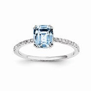 14k White Gold Diamond and Blue Topaz Square Ring