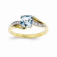 14k Yellow Gold Rhodium Diamond and Blue Topaz Square Ring