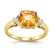 14k Yellow Gold Diamond and Citrine Square Ring