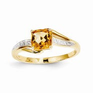 14k Yellow Gold Rhodium Diamond and Citrine Square Ring