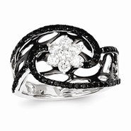 14k White Gold Black and White Diamond Flower Ring