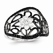 14k White Gold Black and White Diamond Flower Black Rhodium-plated Ring