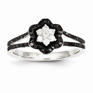 14k White Gold Black and White Diamond Flower Ring
