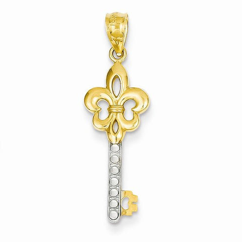 14k Yellow Gold Rhodium Plated Diamond Cut Fleur de lis Key Pendant, Pendants for Necklace
