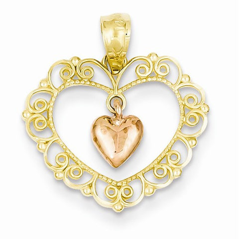 14k Gold Two-tone Rose Filigree Heart Pendant, Pendants for Necklace