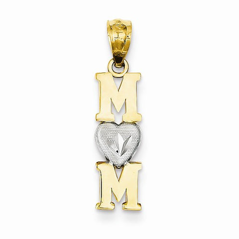 14k Gold & Rhodium Vertical Mom w/Heart O Pendant, Pendants for Necklace